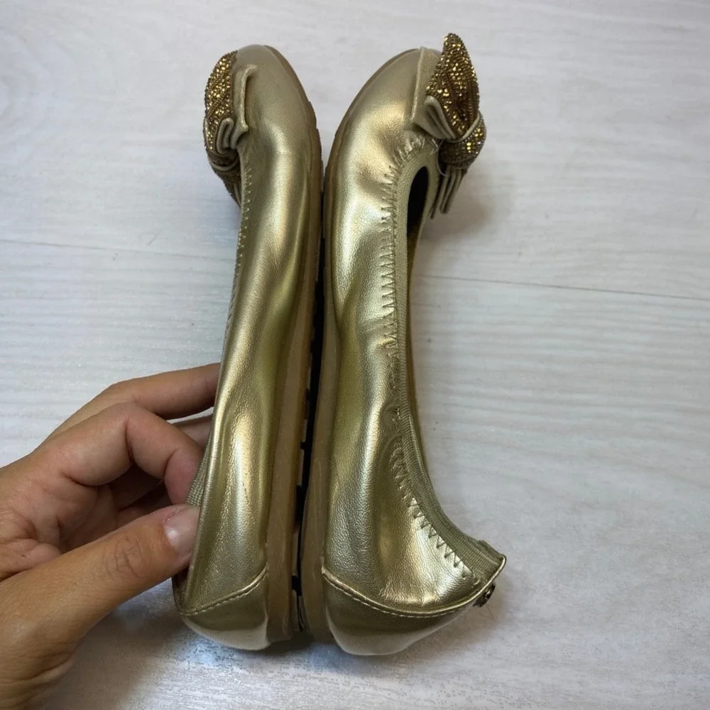 Stuart Weitzman Girls 4 Ballet Flats Fannie Chainbow Gold Rhinestone Party Shoes